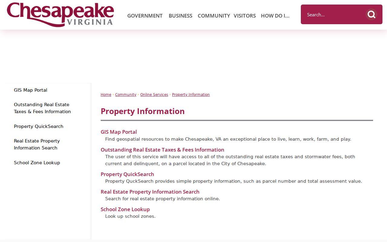Chesapeake ZIP code directory property information routes