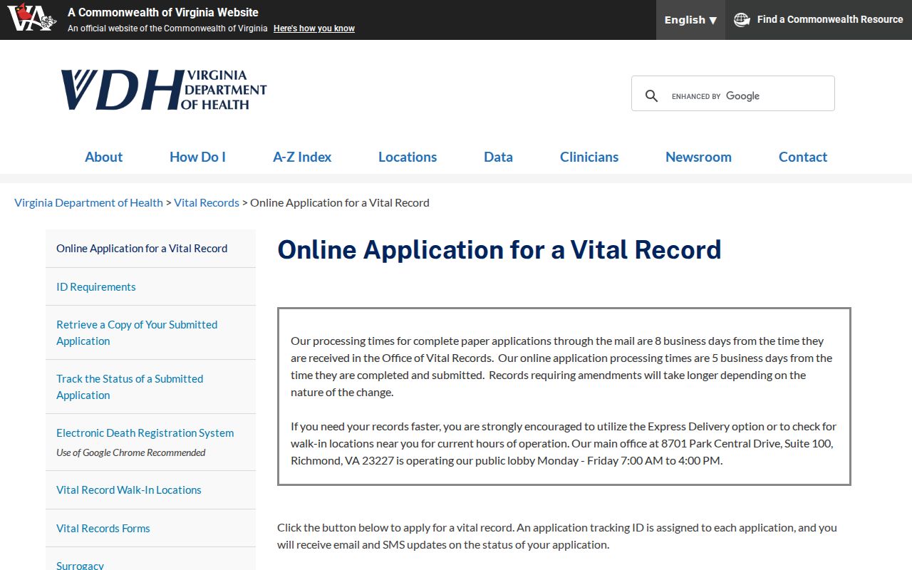 Chesapeake resident lookup Virginia vital-record application instructions