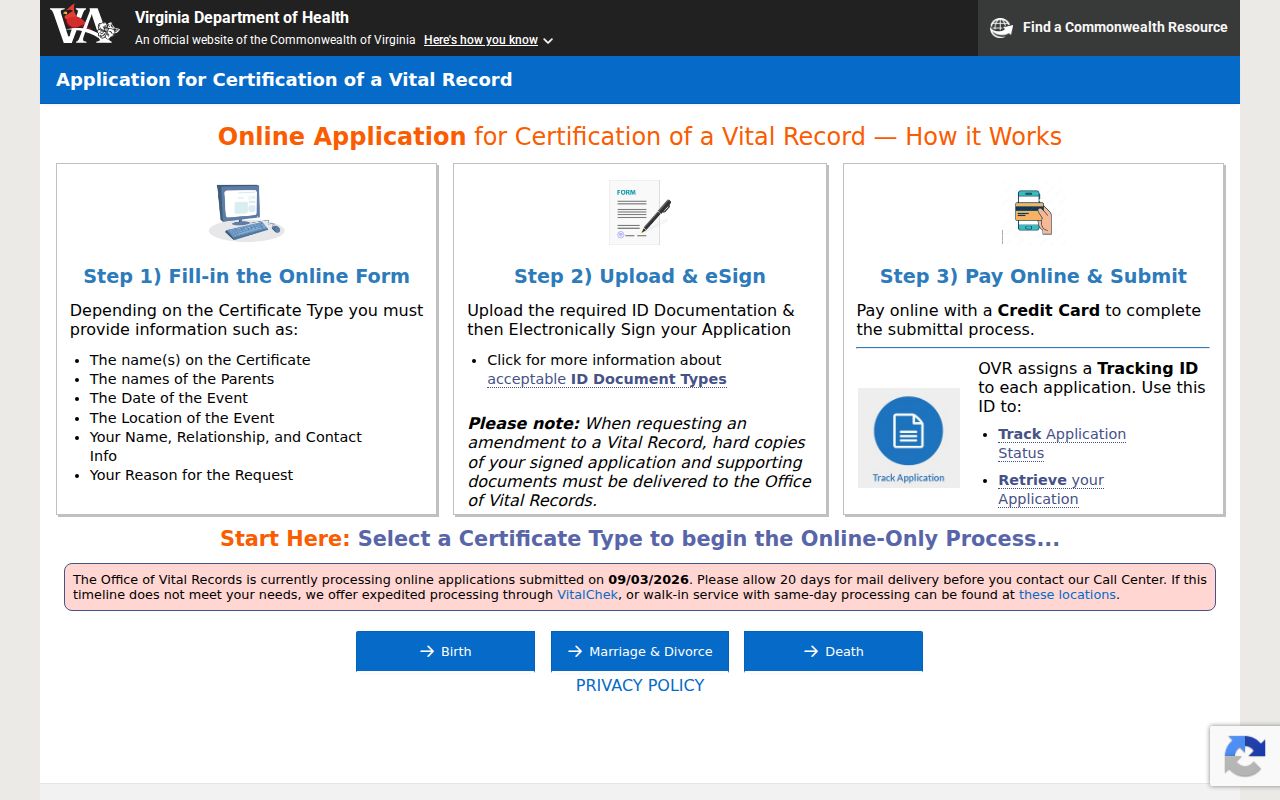 Chesapeake resident lookup vital certificate type selection